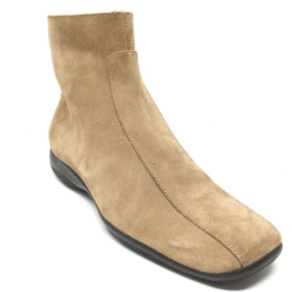 Prada Tan Suede Leather Side Zip Flat Ankle Boot Square Toe VTG Retro SZ 5.5 - 6 - Picture 1 of 14